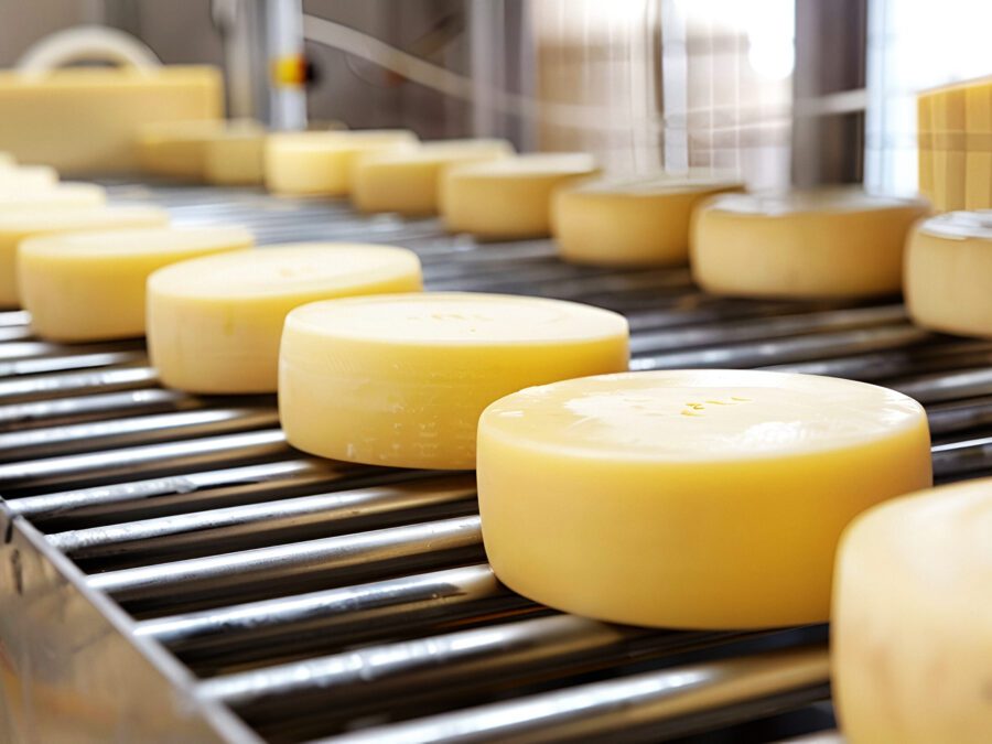 wheels of cheese on roller belt illustrating concept of international fsma 204 compliance